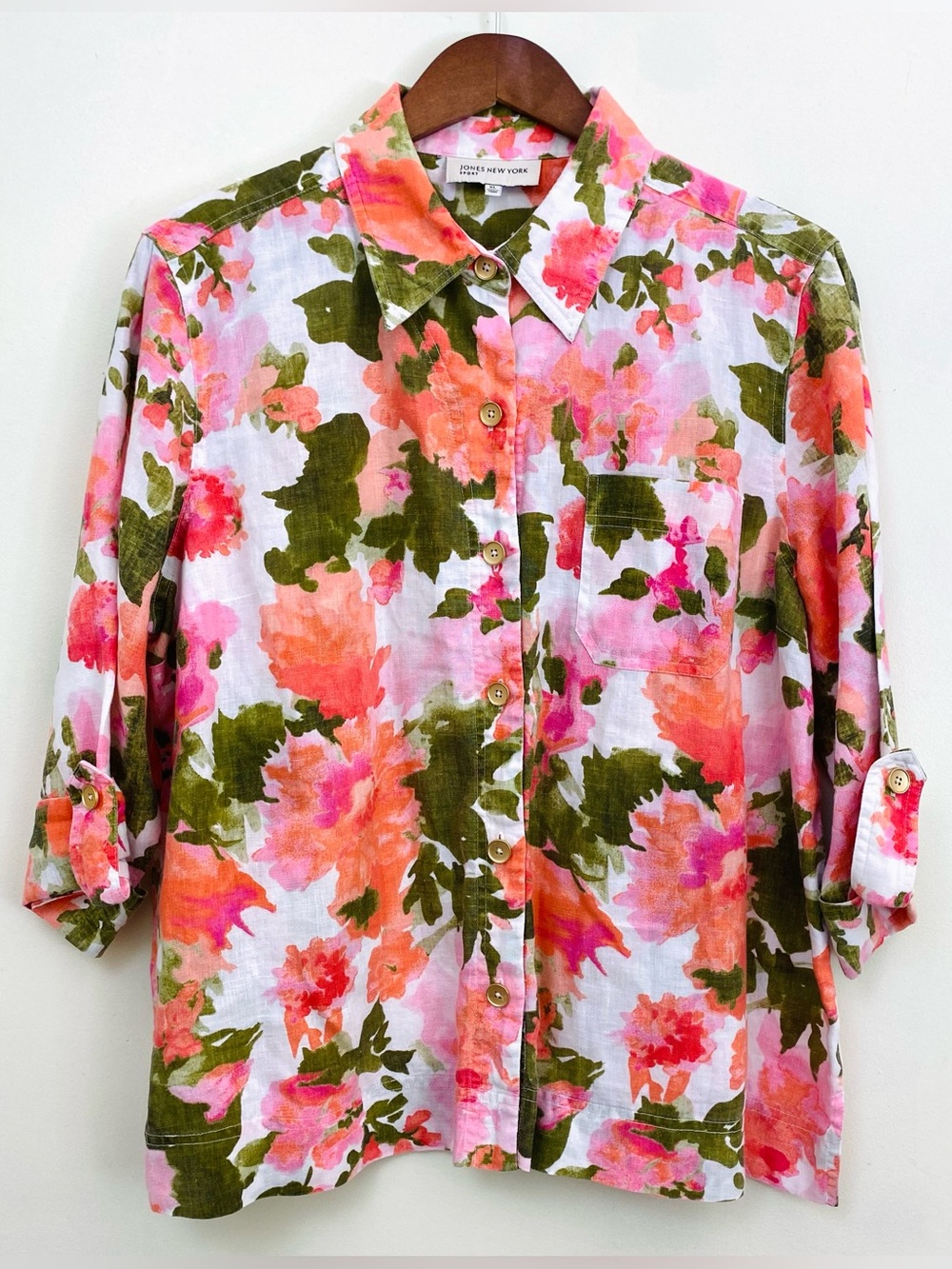 Jones New York Sport Floral Button-Up Shirt - Coral, Pink & Olive Sz XL